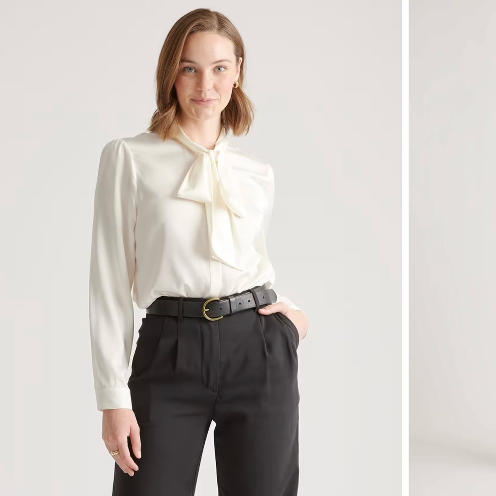 Quince Cream Tie-Neck Blouse